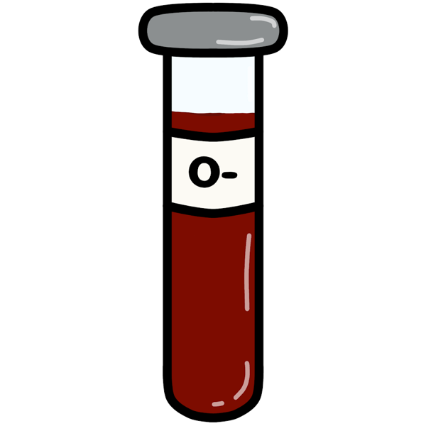 Cartoon style drawing of a glass vial filled with red liquid, there is a white label on the vial with, "O-" on it